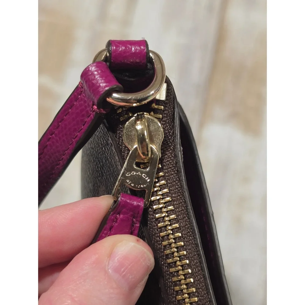 Coach North South Crossbody Bag Signature Canvas‎ Brown Magenta  File Purse